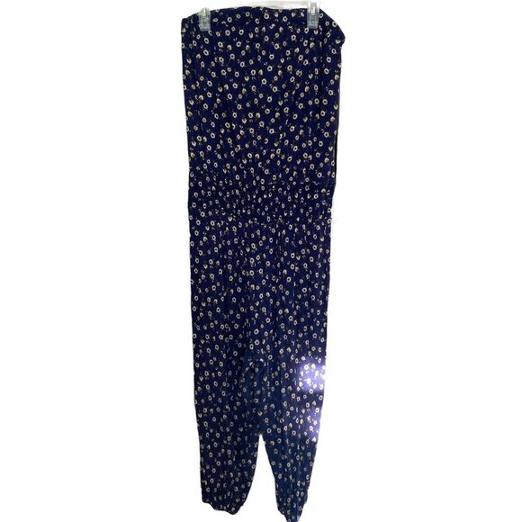 Sav LaBrant Strapless Blue Floral Printed Tube Capri Summer Jumpsuit Medium - Picture 1 of 4